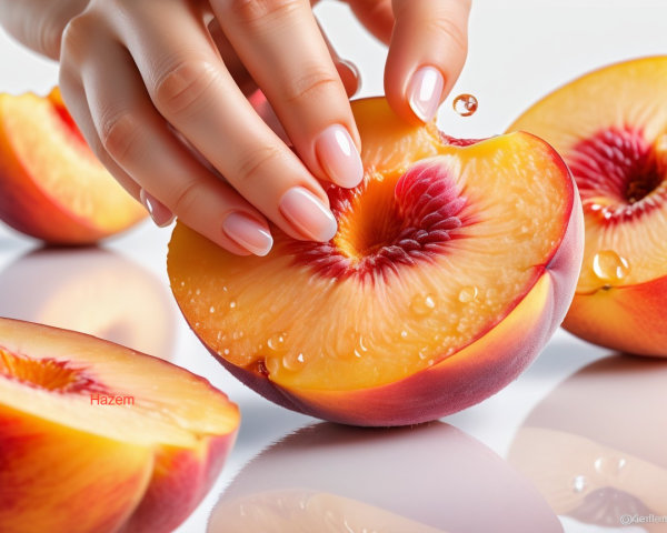 Close-up of a hand holding a juicy peach and slices