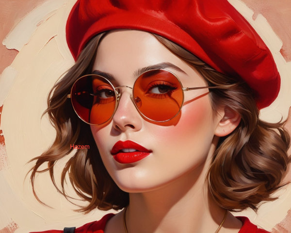 Fashionable Young Woman in Red Beret and Sunglasses