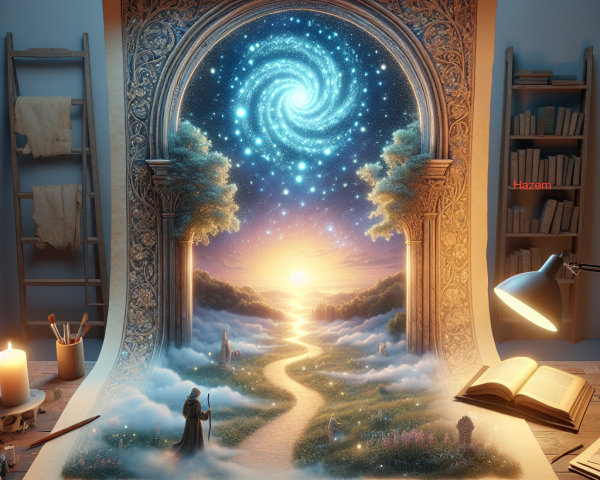 Vibrant Scroll Depicting Cosmic Landscape and Trees