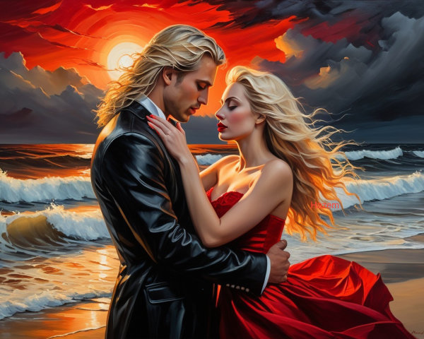 Couple Embraces on Beach at Sunset with Waves