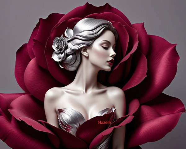 Glamorous Woman with Silver Hair and Red Rose Background