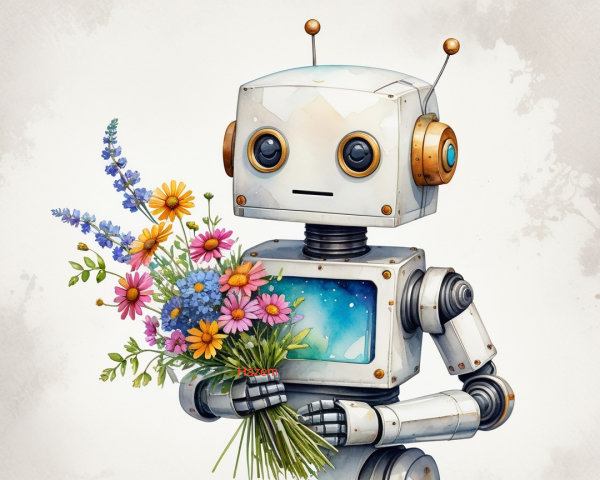 Whimsical Robot with Flowers in Colorful Scene