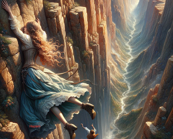 19th-Century Woman on Cliff in Medieval Corset Dress