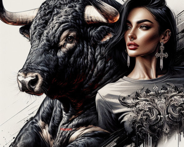 Illustration of a black bull and a woman in detail