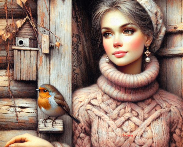 Young Woman in Sweater by Rustic Cabin with Bird