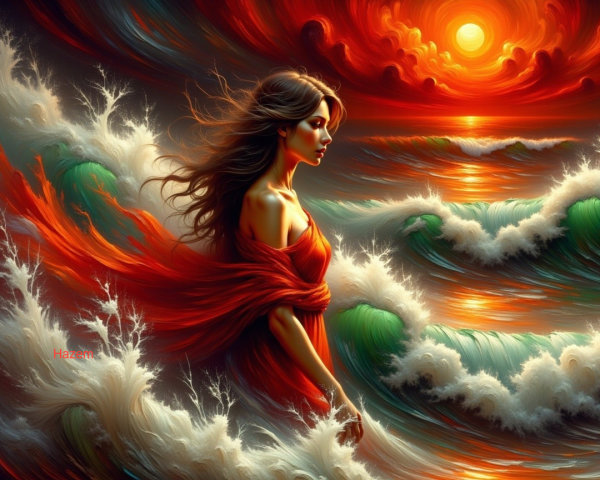 Serene Woman in Flowing Dress Against Ocean Sunset
