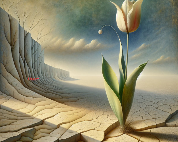 Surreal Landscape with White Tulip and Barren Ground
