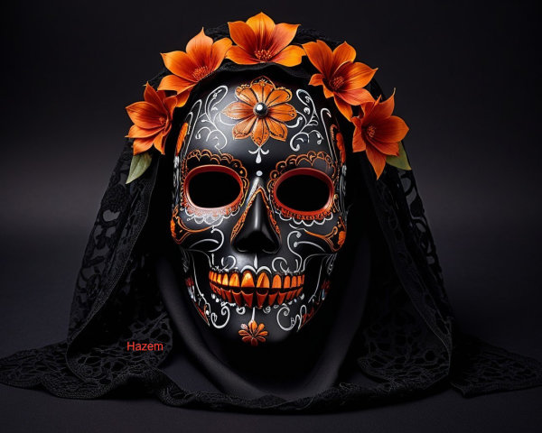 Decorative Skull Mask with Flowers and Veil