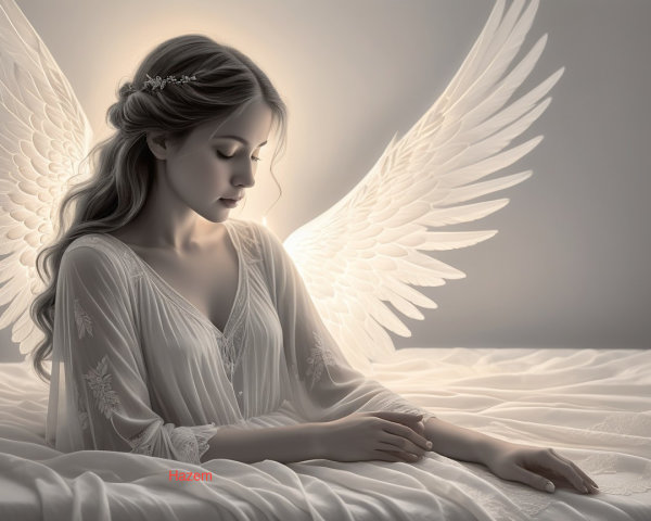 Serene Woman in White Gown with Ethereal Wings