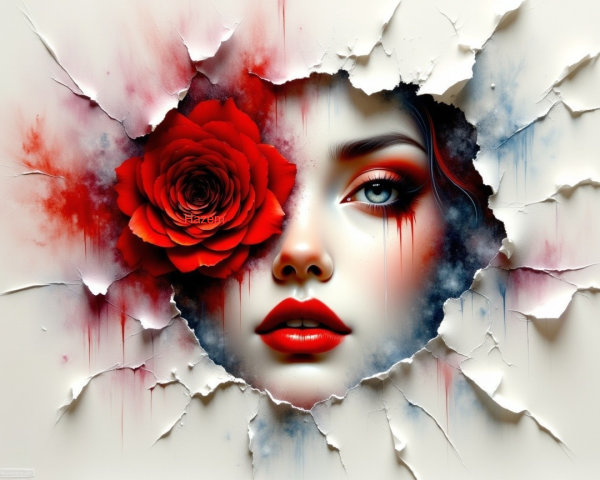 Female Face Emerging from Torn Paper with Rose