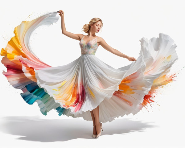 Elegant woman twirling in a colorful flowing gown