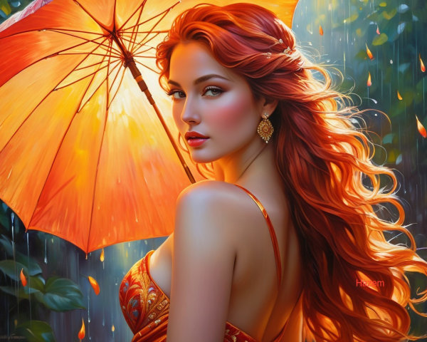 Fair-skinned woman in orange dress with glowing umbrella