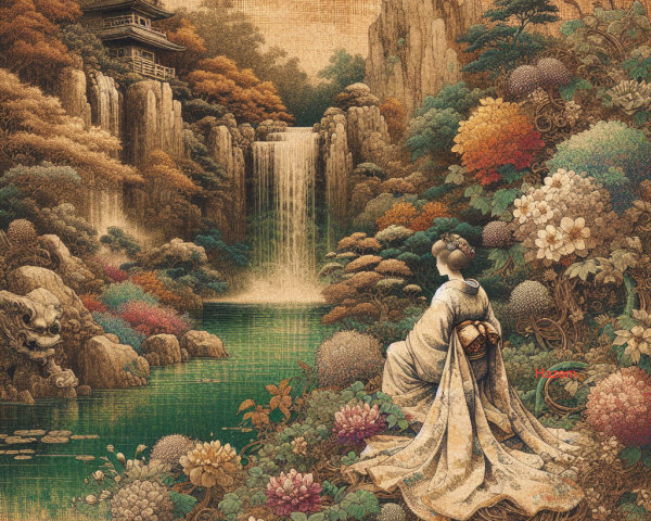 Tranquil Waterfall Landscape with Traditional Figure