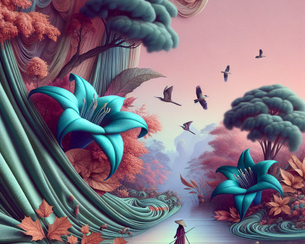 Tranquil River Landscape with Vibrant Flowers and Trees