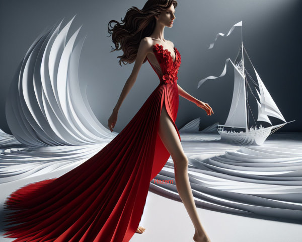 Model in Red Gown Against Minimalist Gray Background