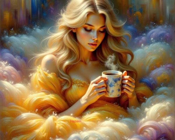 Serene Woman with Cup in Vibrant Colorful Clouds