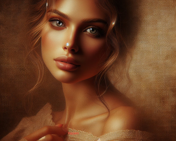 Portrait of a Young Woman with Blue Eyes and Wavy Hair