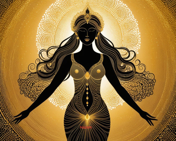 Silhouette of a Woman with Intricate Patterns and Halo
