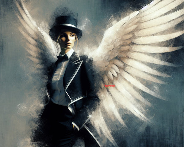 Elegant figure in tailored suit with ethereal wings