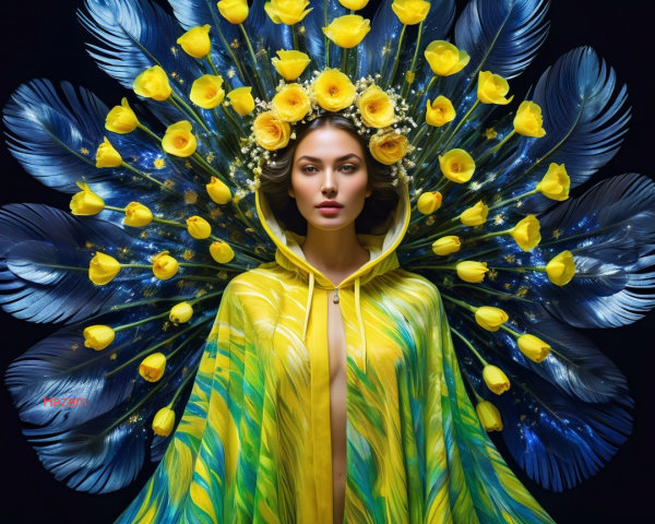 Portrait of a woman in a vibrant hooded cloak