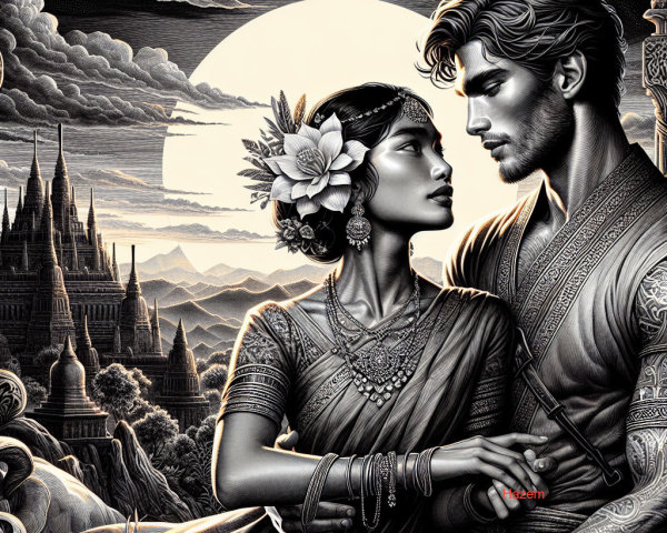 Black-and-white illustration of a romantic couple