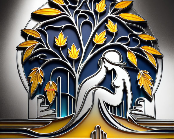 Stylized art of a serene figure under a golden tree