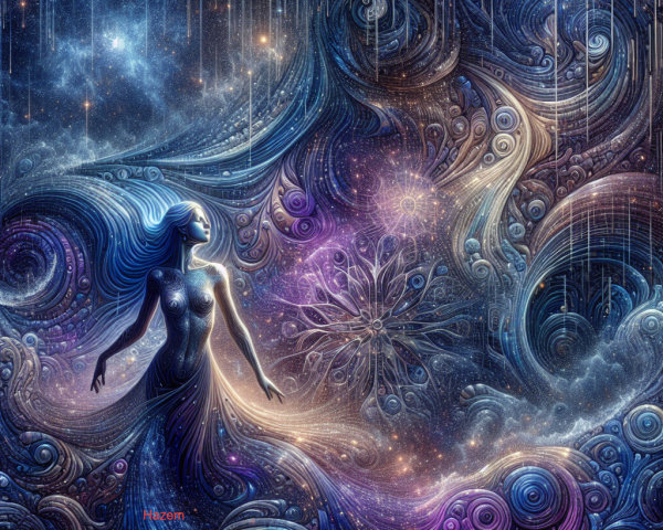 Cosmic Scene with Feminine Silhouette and Galaxies
