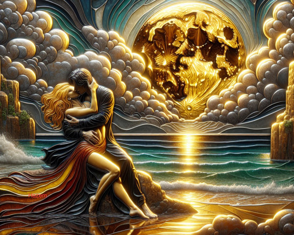 Couple Embraces on Sandy Shore Under Full Moon