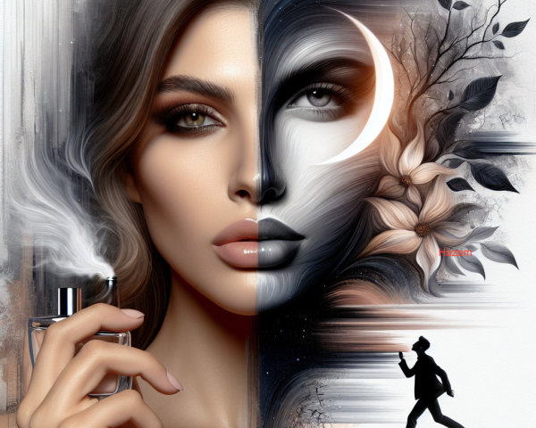 Elegant Split Composition of Faces with Flowers and Moon