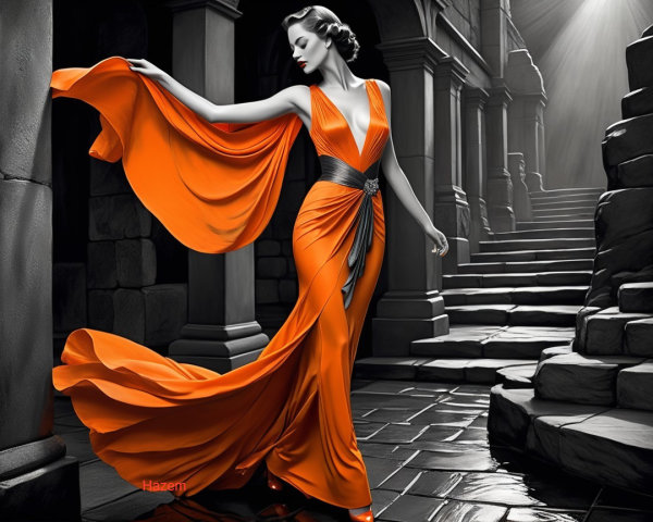 Fashion Model in Orange Gown Against Black-and-White Background