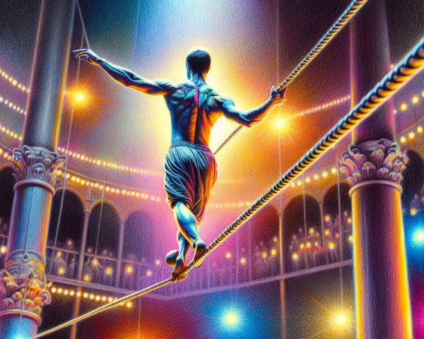Tightrope Walker Performing in Vibrant Circus Arena