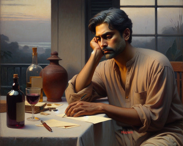 Pensive Man Contemplates Letters at Sunset Table