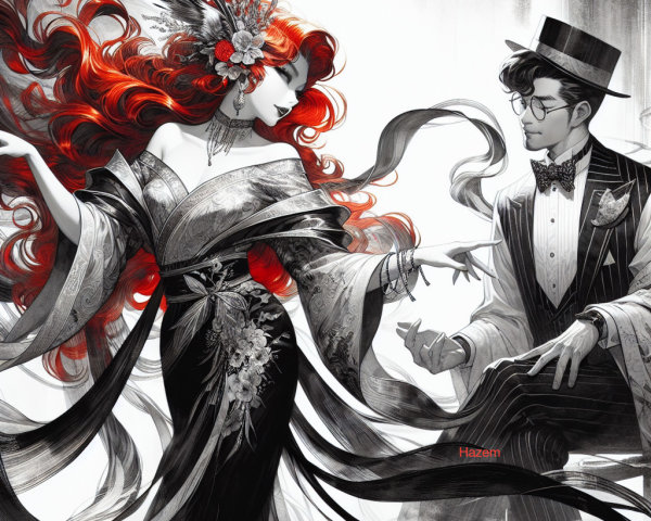 Grayscale Anime Illustration of Woman and Man in Kimono