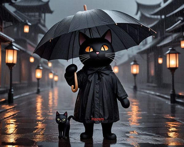 Whimsical Black Cat and Kitten Under Umbrella Scene
