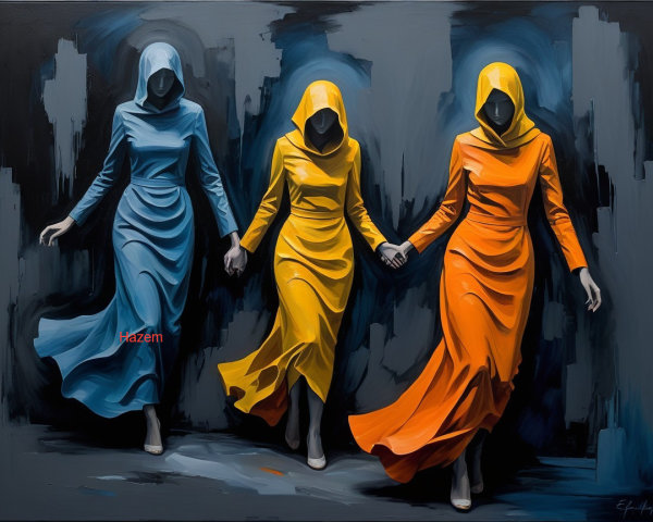 Three Figures in Vibrant Dresses Against Dark Background