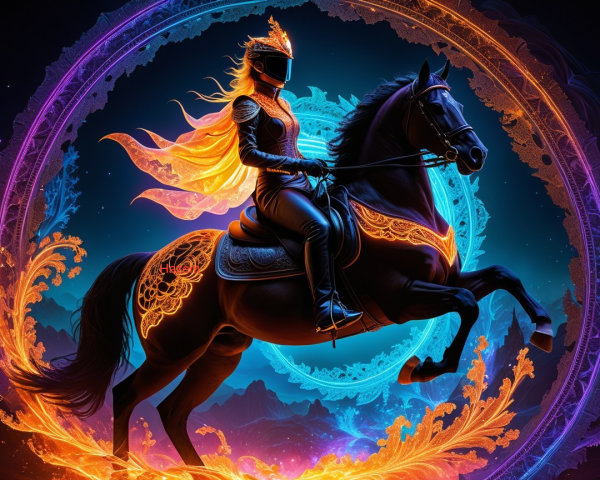 Futuristic knight on black horse in vibrant background
