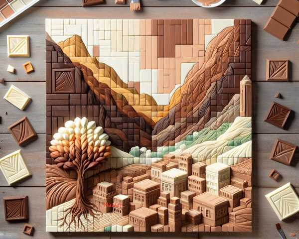 Chocolate Artwork of Mountainous Landscape and Village
