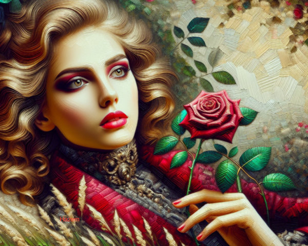 Portrait of a woman with voluminous hair and rose