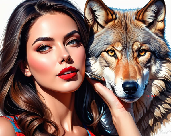 Close-up of a woman and a wolf's head depiction