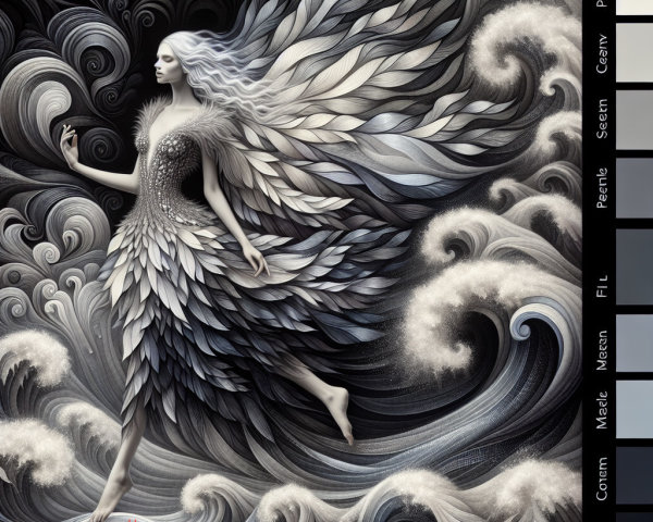 Surreal Figure in Turbulent Waves with Ethereal Elements