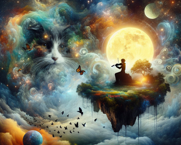 Surreal Cosmic Scene with Cat, Violinist, and Galaxies