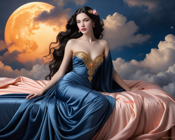 Elegant Woman in Blue Gown on Draped Bed with Moon