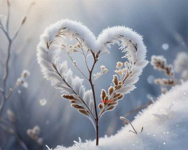 Frosted Heart Shape in a Serene Winter Landscape