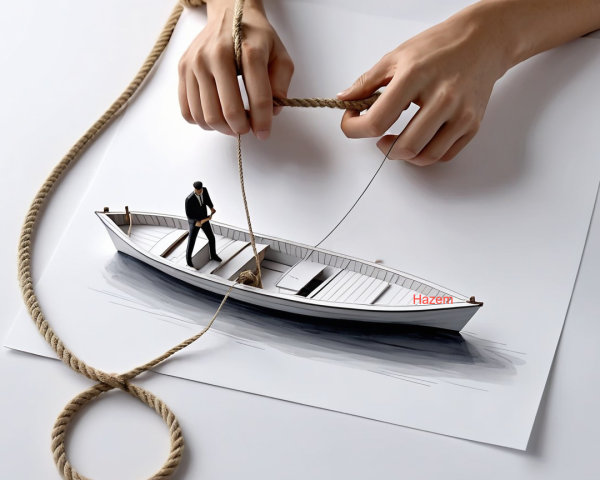 Trompe l'oeil of Hands Pulling Miniature Rowboat