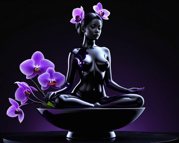 Black Glossy 3D Render of Meditating Woman in Lotus Pose