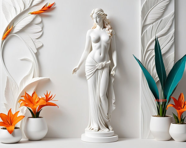 White Female Statue Surrounded by Vibrant Flowers