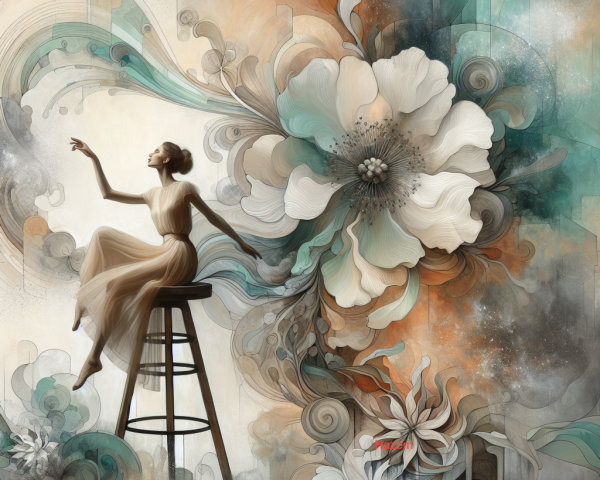 Ethereal gown figure amidst floral designs and soft colors