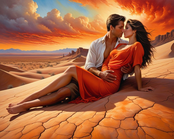 Couple Embraces in Desert at Sunset with Dramatic Sky