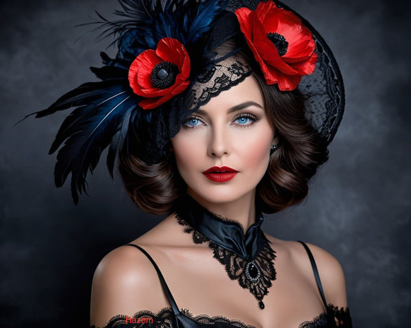 Portrait of a Woman with Blue Eyes and Red Lips