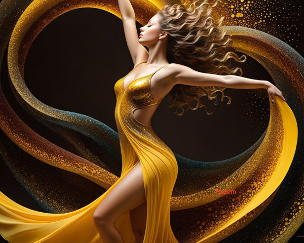 Elegant figure in flowing yellow gown with dynamic backdrop